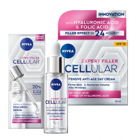 Nivea EXPERT FILLER CELLULAR - 20% HYDRA ELIXIR Serum 30ml + Nivea EXPERT FILLER CELLULAR anti-age dnevna krema, SPF 15, 50 ml